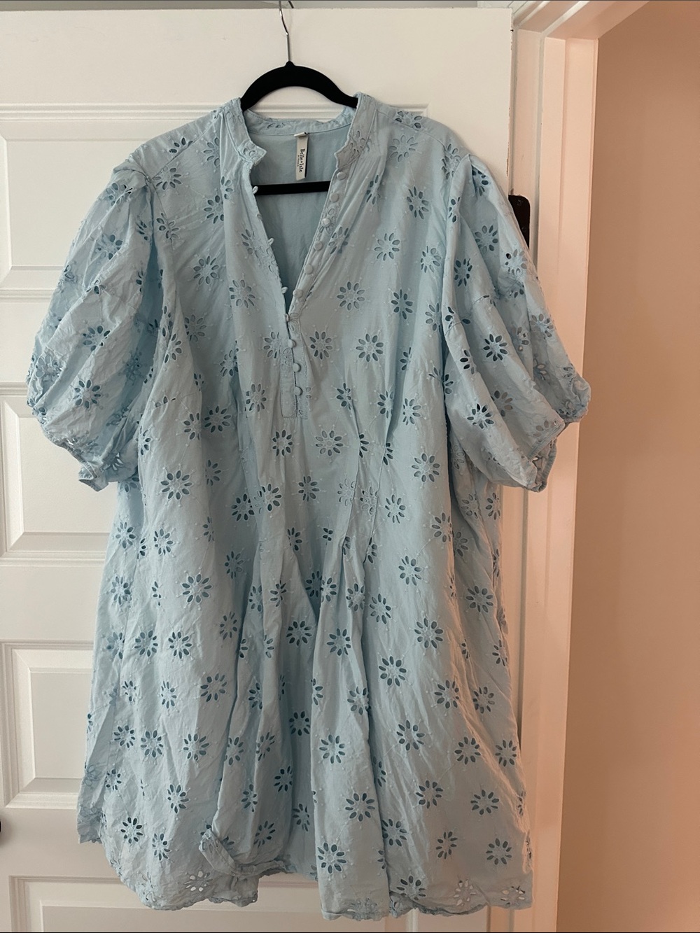 Light Blue Eyelet Puff-Sleeve Tunic Dress